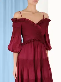 Zimmerman Pleated Off Shoulder Midi Dress Berry Size 1/AU 10 for rent on The Volte - image 4