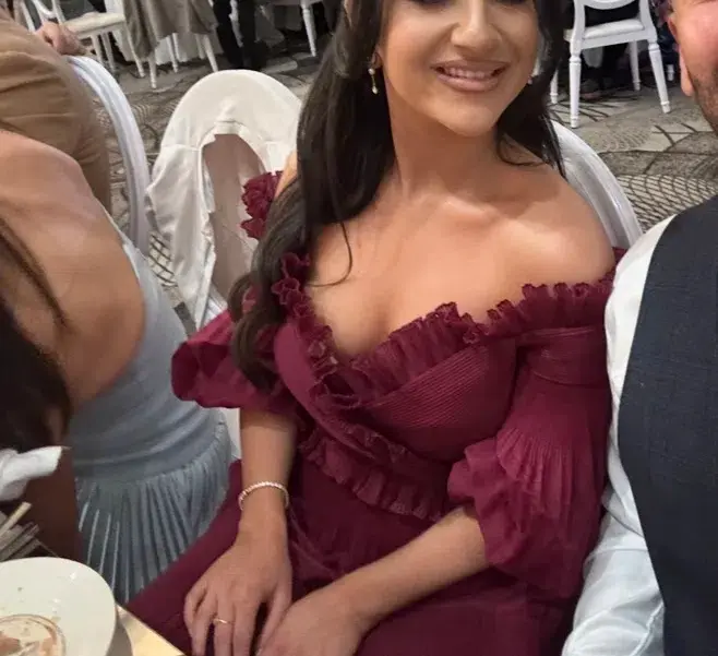 Zimmerman Pleated Off Shoulder Midi Dress Berry Size 1/AU 10 for rent on The Volte - main image