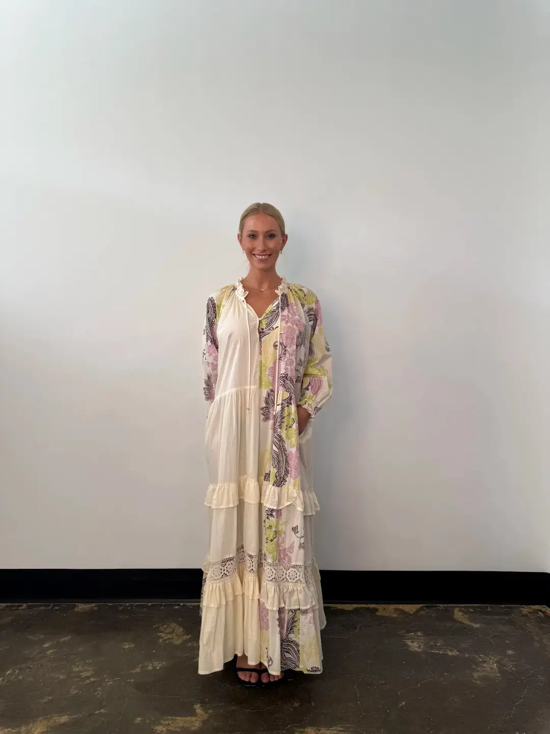 Bohemian Traders Castello Ruffle Maxi Dress Cream Size 12 for rent on The Volte - main image