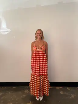 Bohemian Traders Gingham Embroidery Dress In Ruby Cream / Size 12 for rent on The Volte - image 1