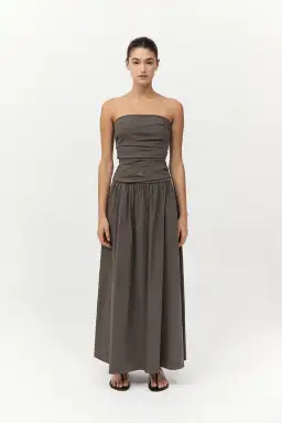 St. Agni Gathered Strapless Tie Back Maxi Dress in Khaki Size S/AU 8