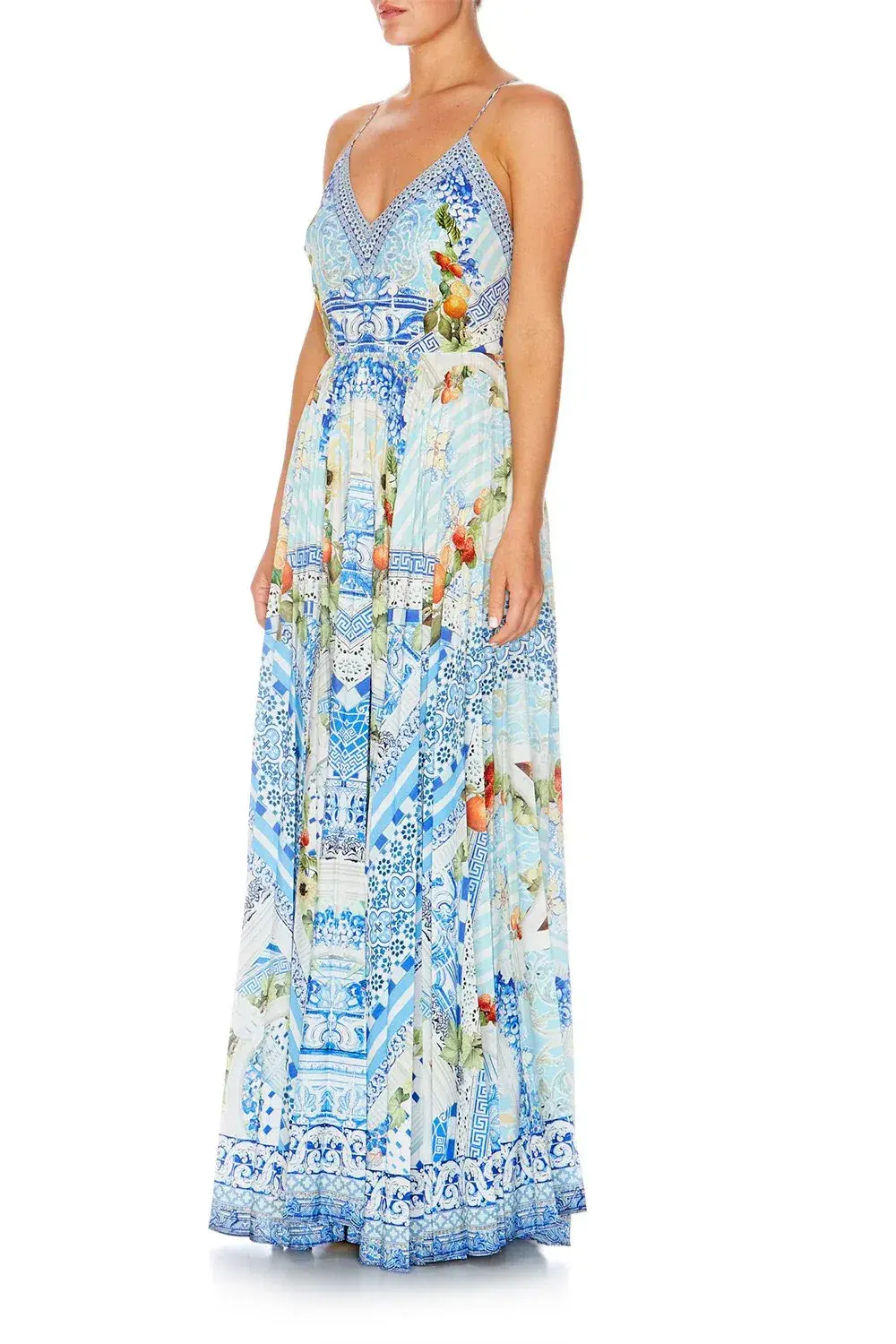 Camilla A Night To Remember Crystal Embellished Printed Blue Silk Maxi Dress Size M / AU 12 for rent on The Volte - main image