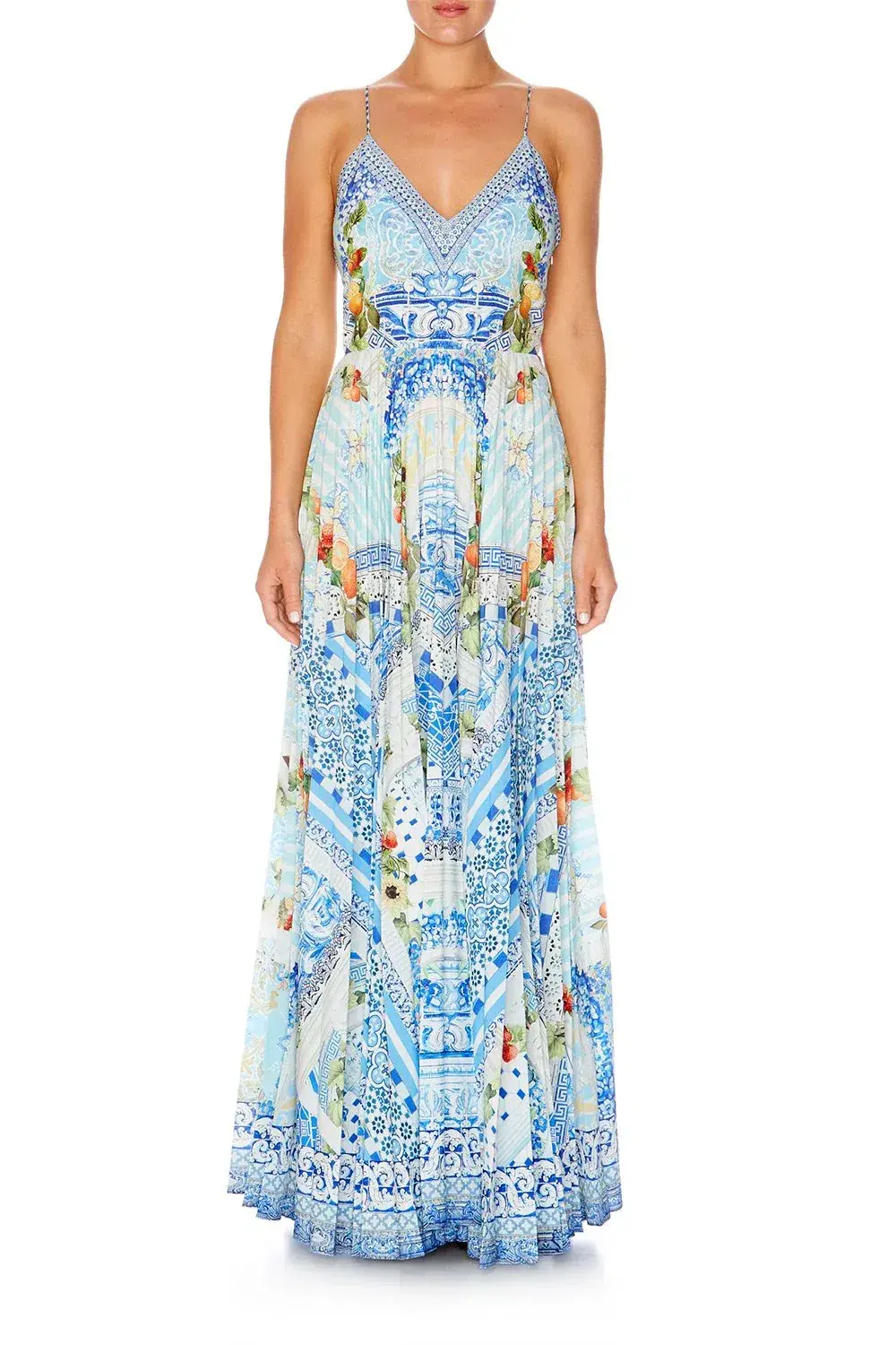 Camilla A Night To Remember Crystal Embellished Printed Blue Silk Maxi Dress Size M / AU 12 for rent on The Volte - main image