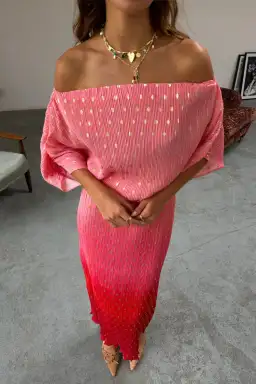 Never Fully Dressed Tilly Off Shoulder Plisse Maxi Dress in Sunset Ombre Size M / AU10 for rent on The Volte - image 3