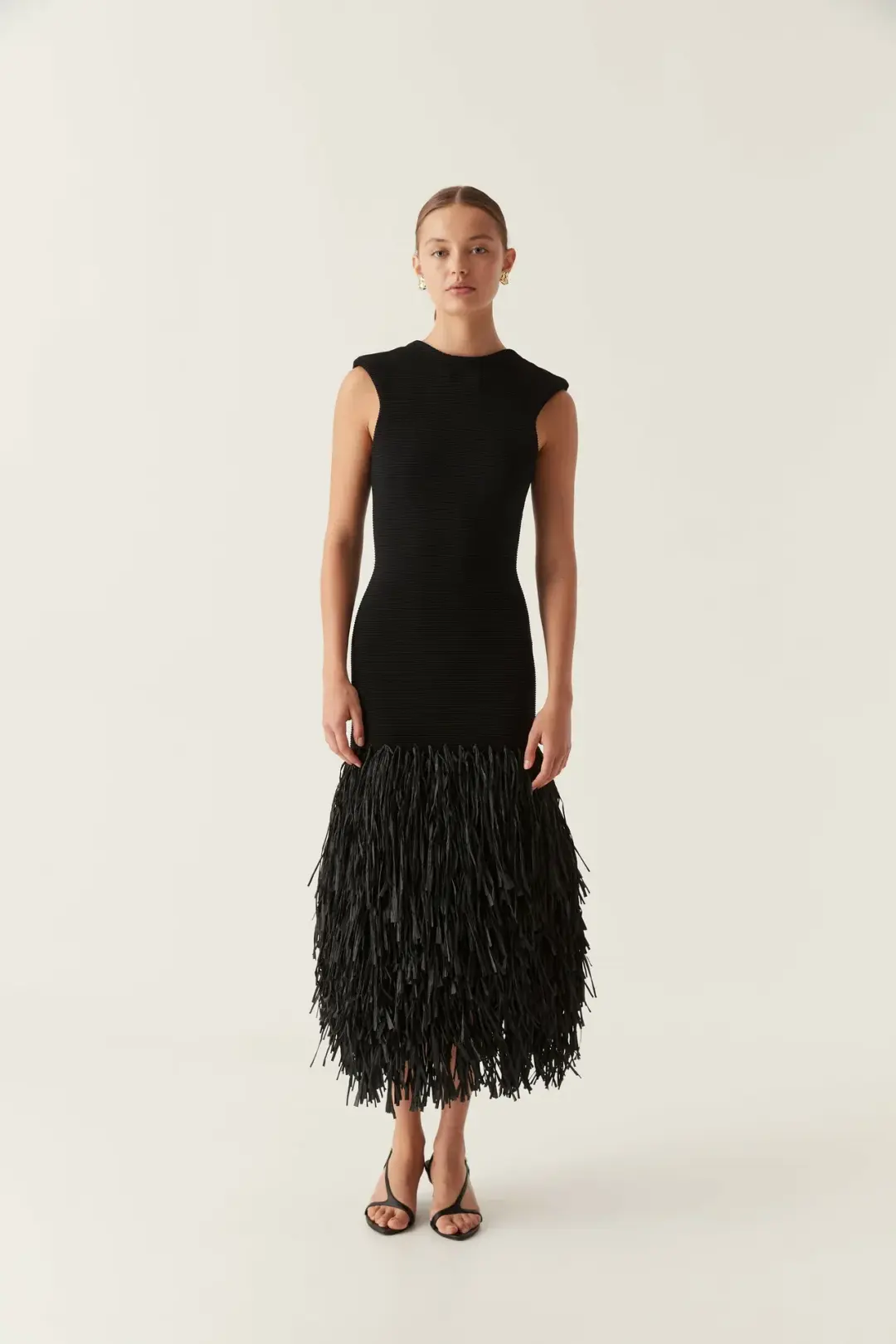 Aje RUSHES RAFFIA KNIT MIDI DRESS BLACK size 6 for rent on The Volte - main image