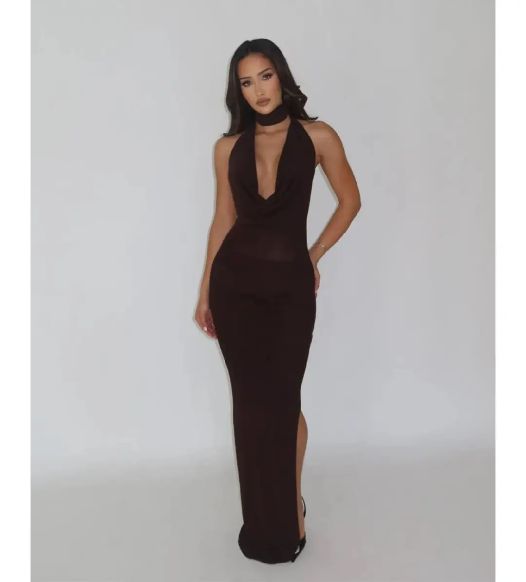 Aya Muse Halter Neck Draped - Elegant Open Back Maxi Dress Brown Size AU 6 for rent on The Volte - main image