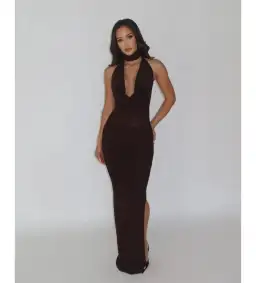 Aya Muse Halter Neck Draped - Elegant Open Back Maxi Dress Brown Size AU 6 for rent on The Volte - image 1