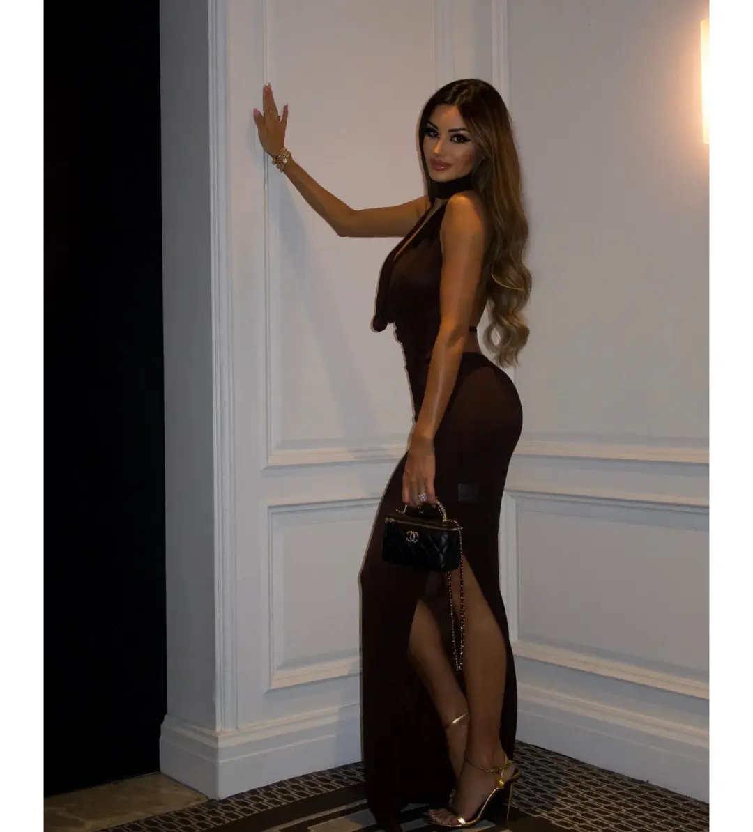 Aya Muse Halter Neck Draped - Elegant Open Back Maxi Dress Brown Size AU 6 for rent on The Volte - main image