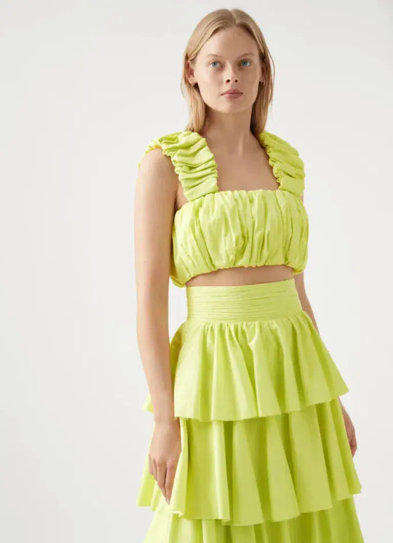 Aje Medina Ruched Top Size AU 12 and Tiered Midi Skirt Size AU 14 Set in Lemon for rent on The Volte - main image
