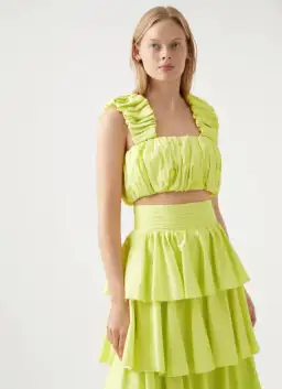 Aje Medina Ruched Top Size AU 12 and Tiered Midi Skirt Size AU 14 Set in Lemon for rent on The Volte - image 3