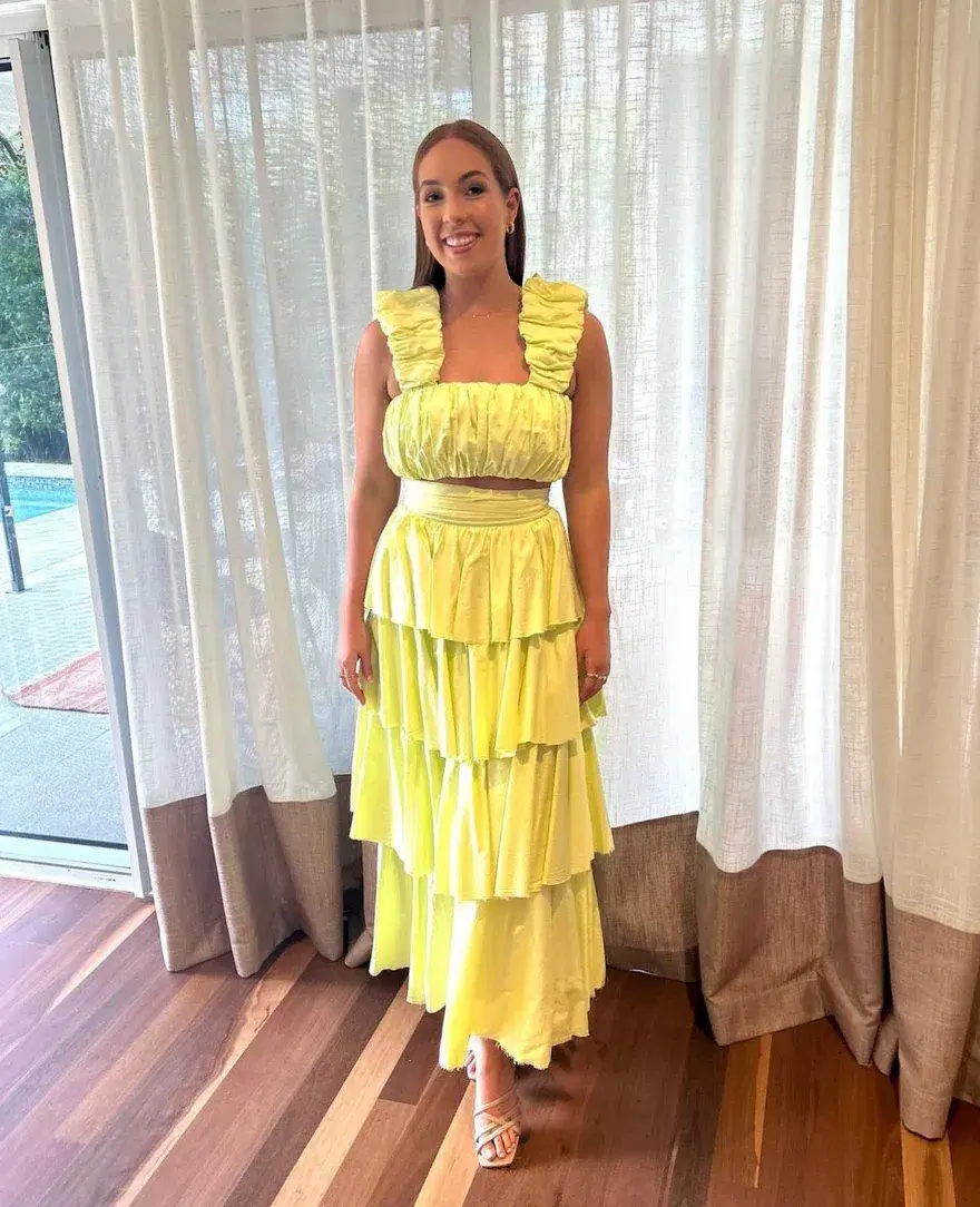 Aje Medina Ruched Top Size AU 12 and Tiered Midi Skirt Size AU 14 Set in Lemon for rent on The Volte - main image
