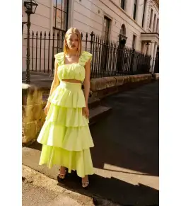 Aje Medina Ruched Top Size AU 12 and Tiered Midi Skirt Size AU 14 Set in Lemon for rent on The Volte - image 1