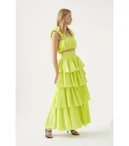 Aje Medina Ruched Top Size AU 12 and Tiered Midi Skirt Size AU 14 Set in Lemon for rent on The Volte - image 2