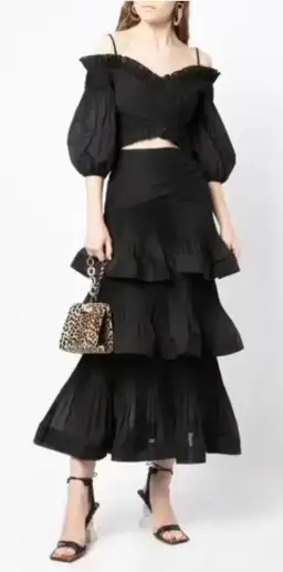 Zimmermann Pleated Off Shoulder Top and Ruffle Skirt Set Black Size AU 10 for rent on The Volte - image 2