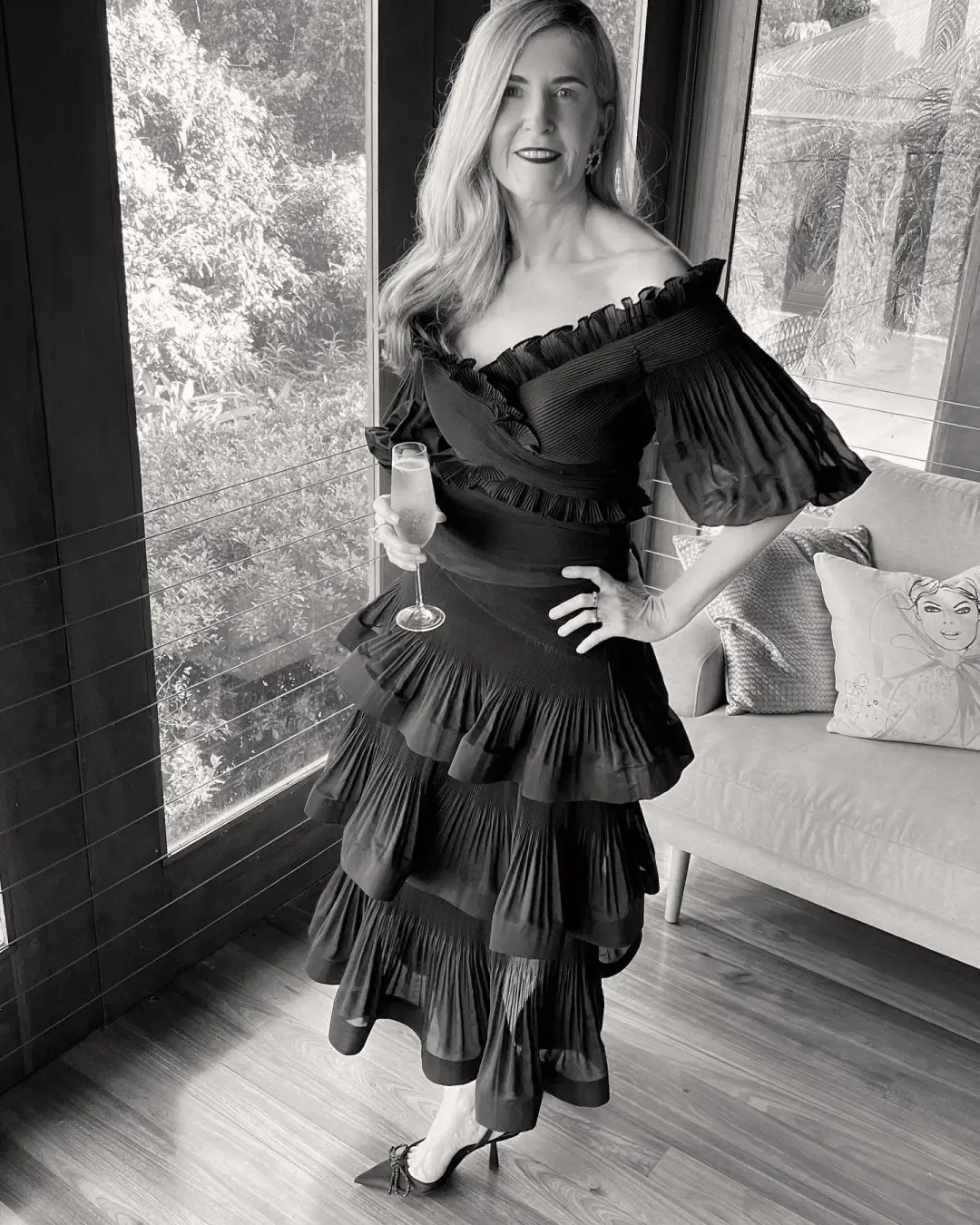 Zimmermann Pleated Off Shoulder Top and Ruffle Skirt Set Black Size AU 10 for rent on The Volte - main image