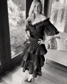 Zimmermann Pleated Off Shoulder Top and Ruffle Skirt Set Black Size AU 10 for rent on The Volte - image 1