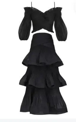 Zimmermann Pleated Off Shoulder Top and Ruffle Skirt Set Black Size AU 10 for rent on The Volte - image 3