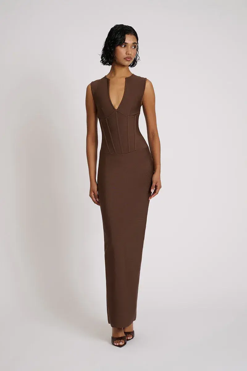 Eliya the Label Giselle Midi Dress Brown Size 10 for rent on The Volte - main image