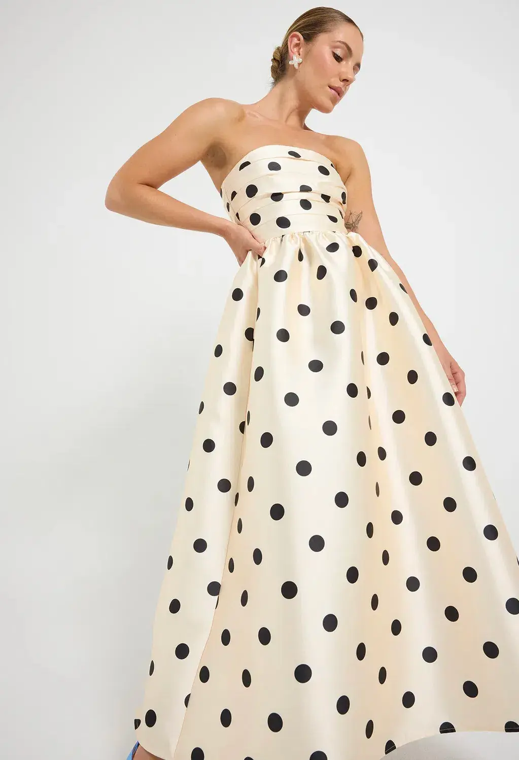 Pasduchas Dottie Strapless Midi Dress Cream Size AU 8 for rent on The Volte - main image