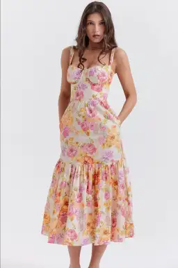 House of CB Elia Ivory Multi Floral Midi Sundress Size 8