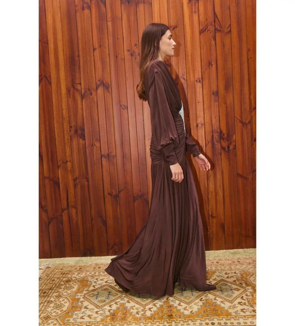 Alemais Silvio Ruched Midi Dress Brown Size AU 8 - Image 2