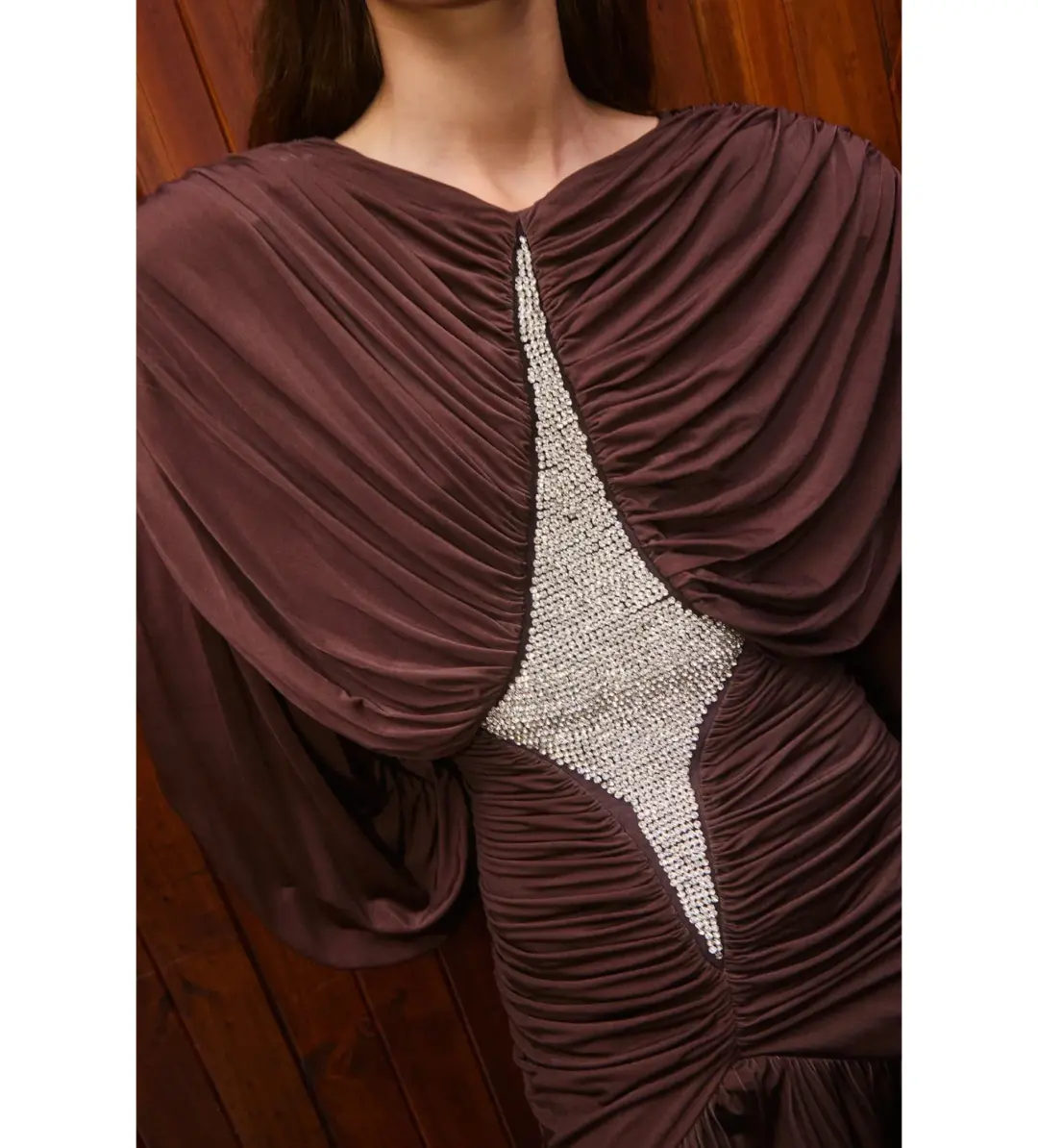 Alemais Silvio Ruched Midi Dress Brown Size AU 8 for rent on The Volte - main image