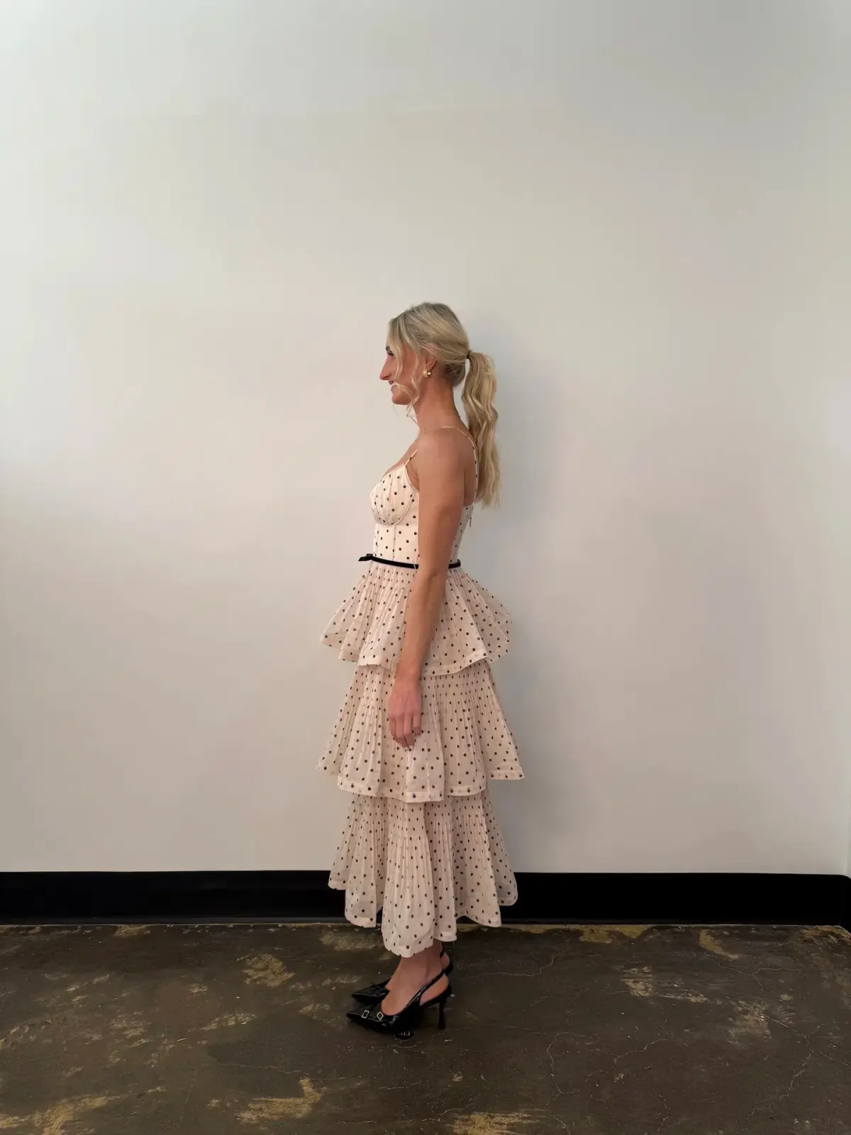 Zimmermann Pleated Tiered Midi Dress in Cream Black Polka Dot Size 1/AU10 - Image 2