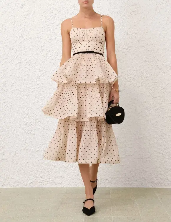 Zimmermann Pleated Tiered Midi Dress in Cream Black Polka Dot Size 1/AU10 - Image 1
