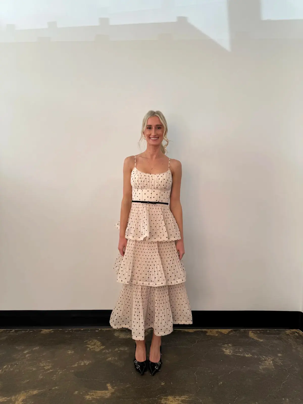 Zimmermann Pleated Tiered Midi Dress in Cream Black Polka Dot Size 1/AU10 - Image 1