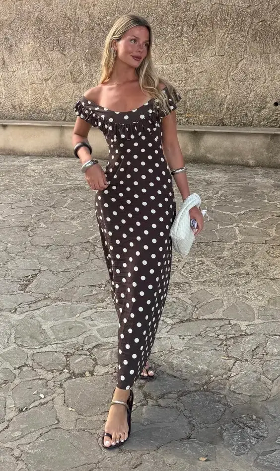 Design By Si Luna Dress Maxi Dress Brown Polka Size 8 for rent on The Volte - main image