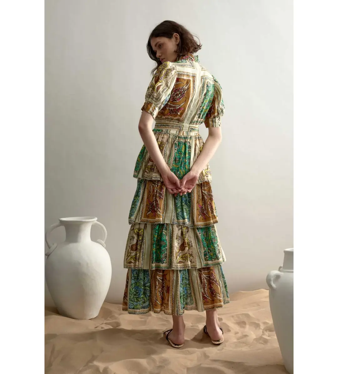 Alemais Delphine Tiered Midi Dress Multi Floral Size AU 10 for rent on The Volte - main image