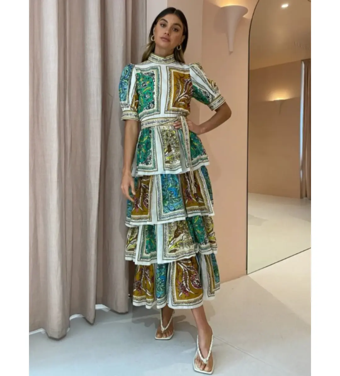 Alemais Delphine Tiered Midi Dress Multi Floral Size AU 10 for rent on The Volte - main image