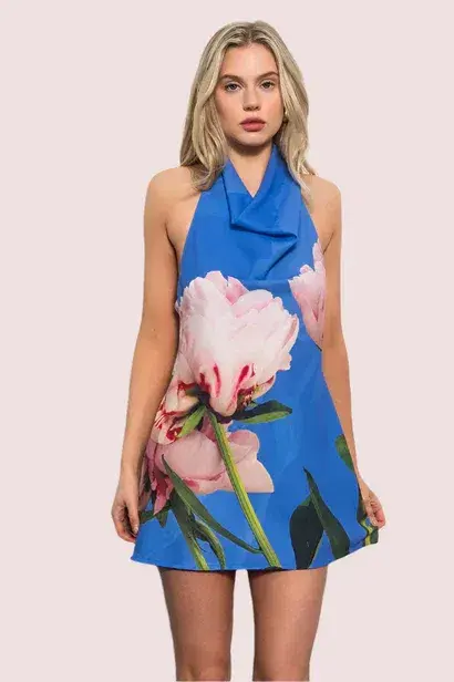Mini cowl slip dress in Cobalt Peony for rent on The Volte - main image