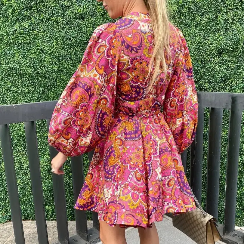 Zimmermann Dress Pink Paisley Fiesta Linen Wrap Size 0/AU 8 for rent on The Volte - main image