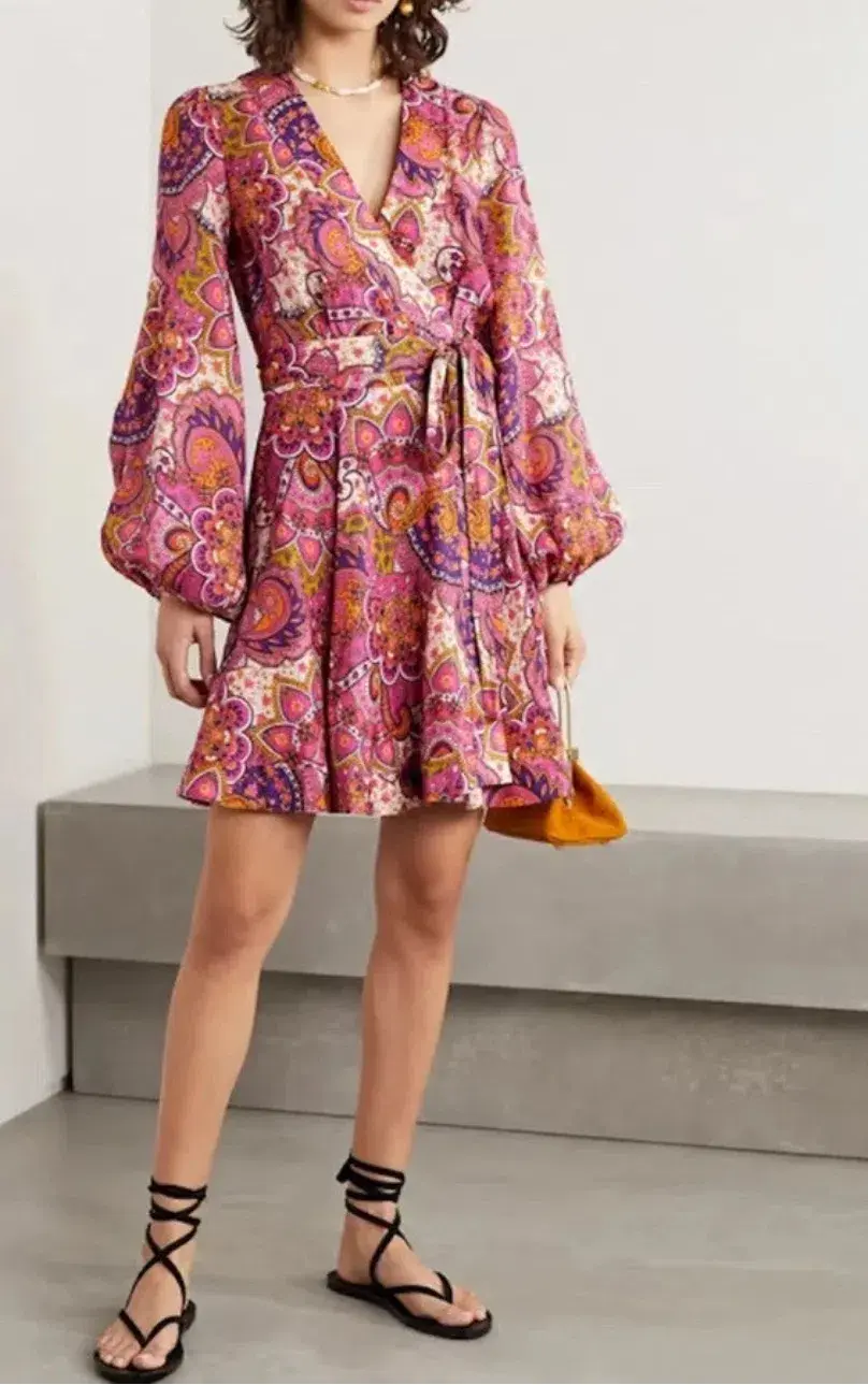 Zimmermann Dress Pink Paisley Fiesta Linen Wrap Size 0/AU 8 for rent on The Volte - main image