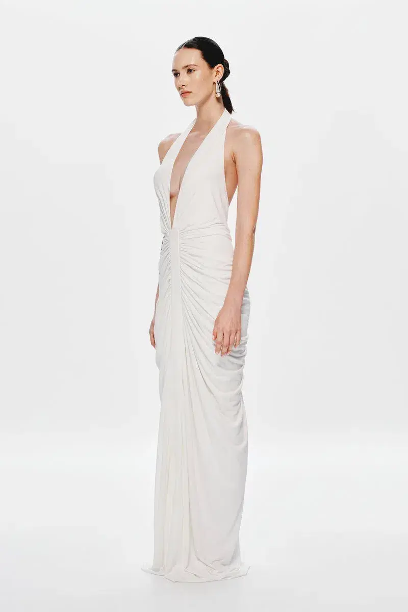 Misha Collection The Venus Gathered Cupro Maxi Dress Ivory Size 6 for rent on The Volte - main image