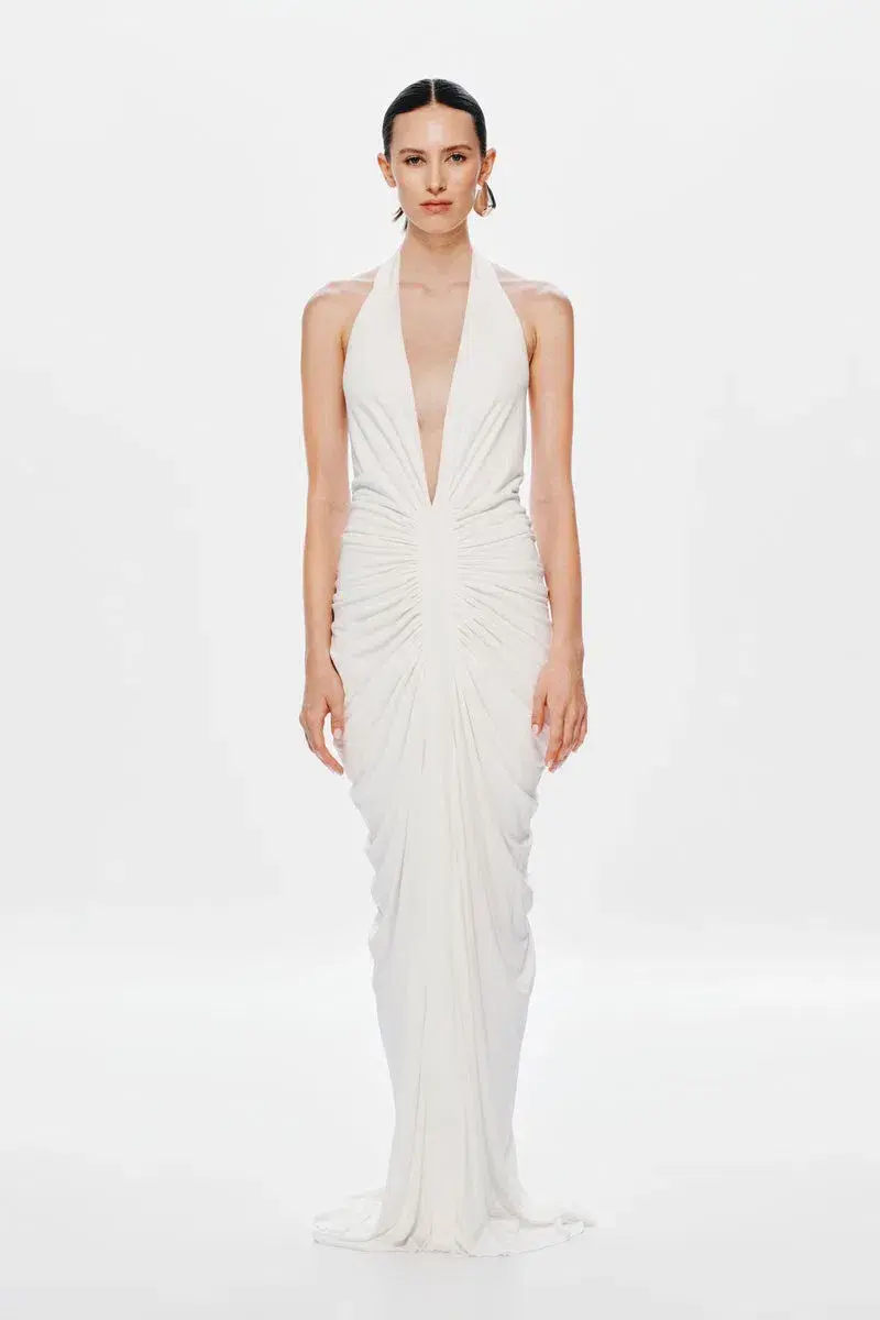 Misha Collection The Venus Gathered Cupro Maxi Dress Ivory Size 6 for rent on The Volte - main image