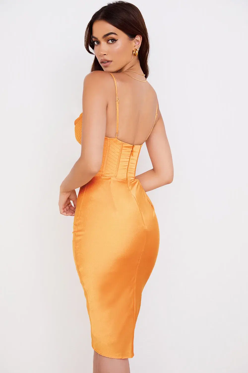 House of CB Myrna Tangerine Satin Corset Midi Dress Size 8 for rent on The Volte - main image