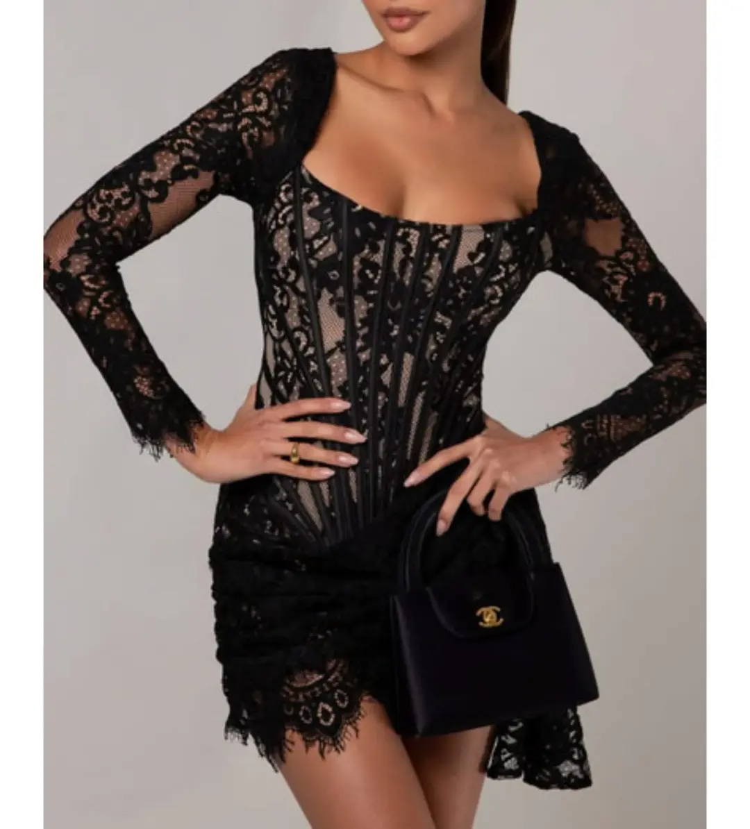 Heiress Beverly Hills Long Sleeve Lace Corset Draped Mini Dress Black Size XL/AU 14 for rent on The Volte - main image