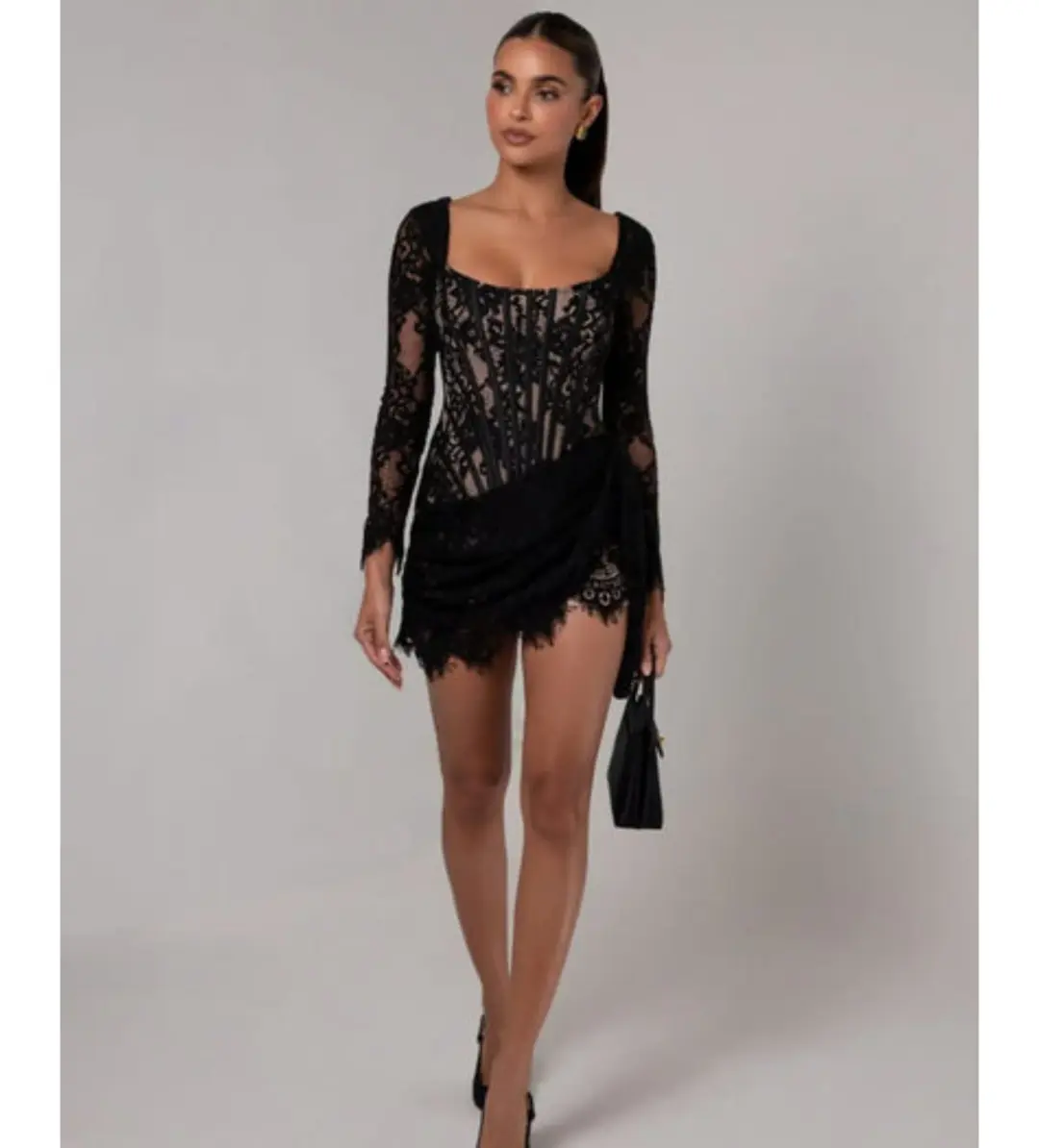 Heiress Beverly Hills Long Sleeve Lace Corset Draped Mini Dress Black Size XL/AU 14 for rent on The Volte - main image
