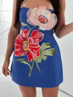 Leo Lin Rosario Appliqué Floral Bustier Mini Dress Lapis Size AU 12 for rent on The Volte - image 1