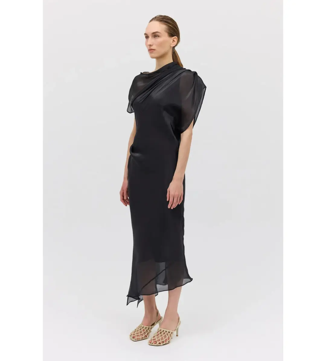 Bianca Spender Liquid Organza Decode Midi Dress Black Size AU 8 for rent on The Volte - main image