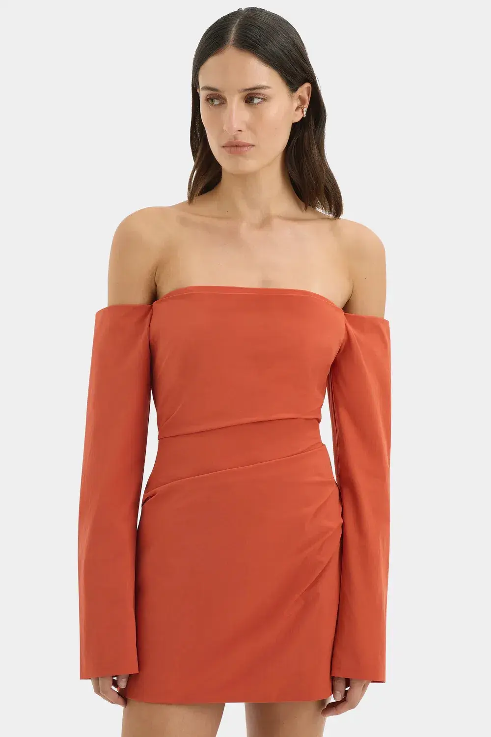 Sir The Label Rossana Off Shoulder Mini Dress Terracotta Size 3 / AU 12 for rent on The Volte - main image