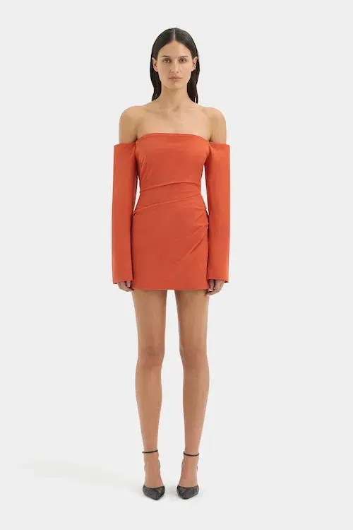 Sir The Label Rossana Off Shoulder Mini Dress Terracotta Size 3 / AU 12 for rent on The Volte - main image