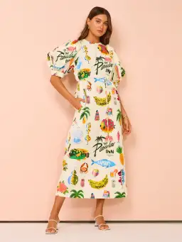 Alemais Samaki Puff Sleeve Midi Dress in Multi Size 10