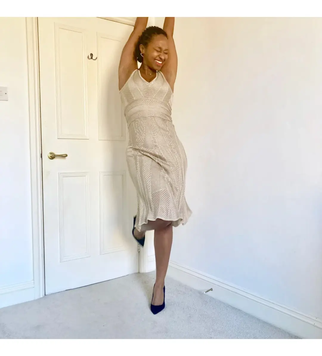 White by Sabatini Knit Knee-Length Dress Gold Size S AU 8 for rent on The Volte - main image