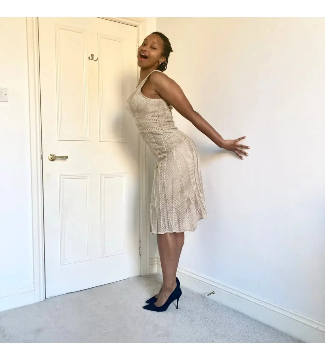 White by Sabatini Knit Knee-Length Dress Gold Size S AU 8 for rent on The Volte - main image