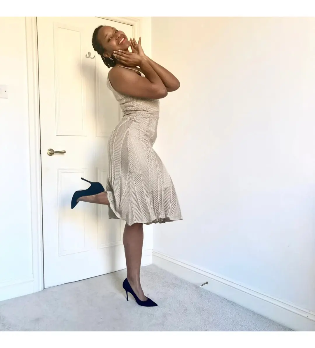 White by Sabatini Knit Knee-Length Dress Gold Size S AU 8 for rent on The Volte - main image