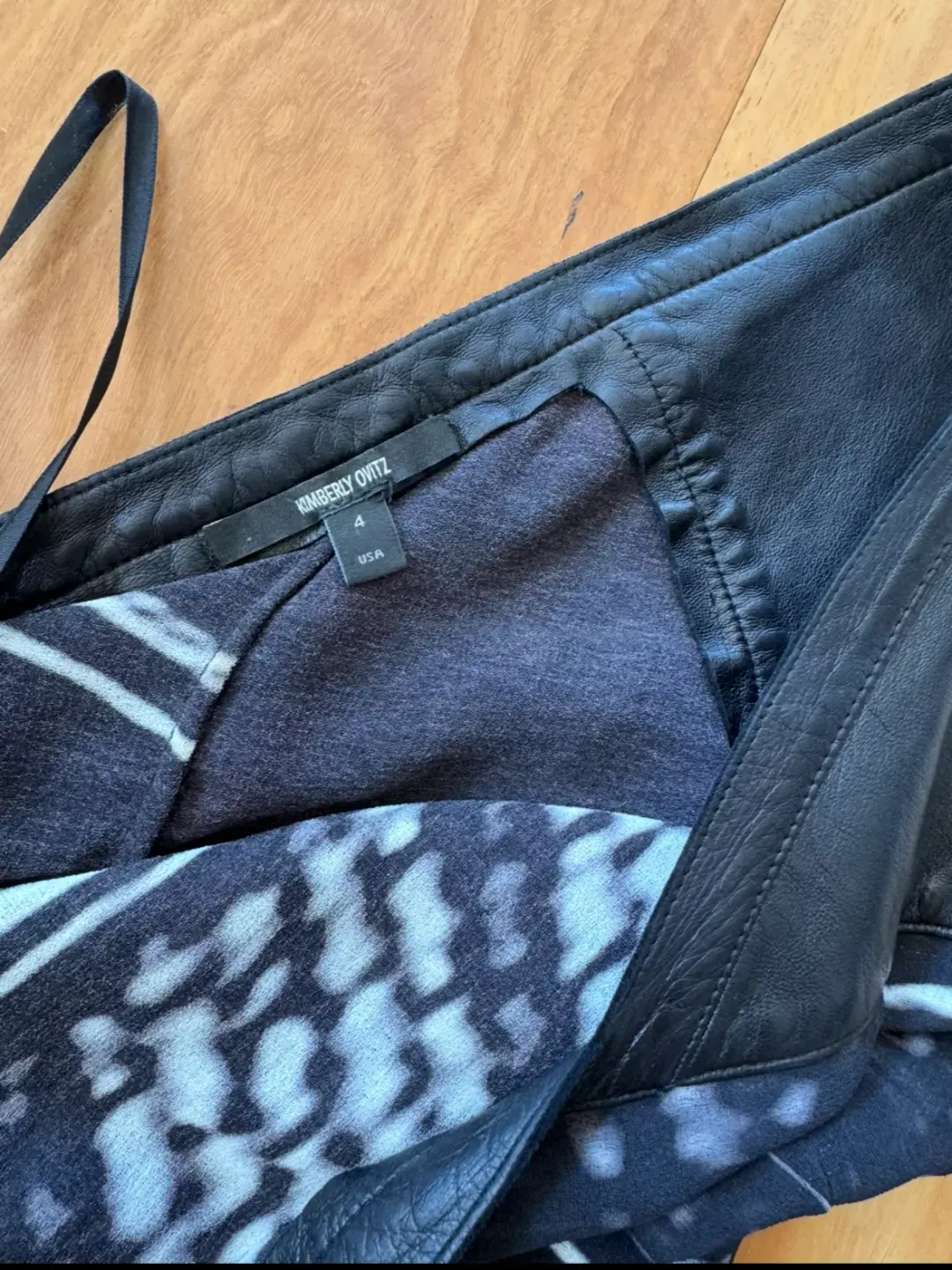 Kimberly Ovitz Leather Trim Knee-Length Dress Black Print Size US 4 AU 8 for rent on The Volte - main image