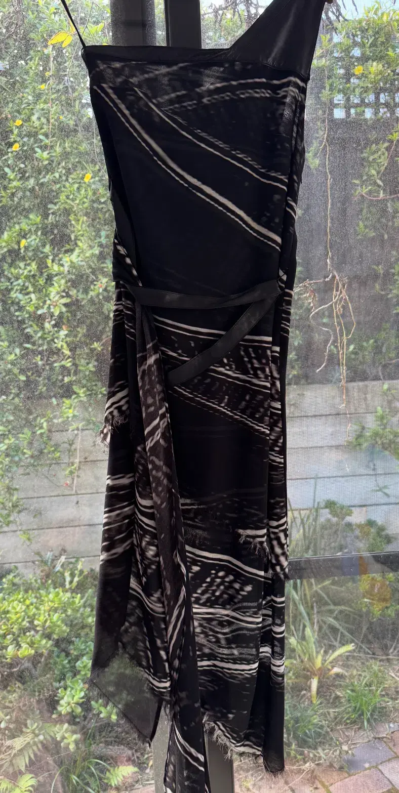 Kimberly Ovitz Leather Trim Knee-Length Dress Black Print Size US 4 AU 8 for rent on The Volte - main image